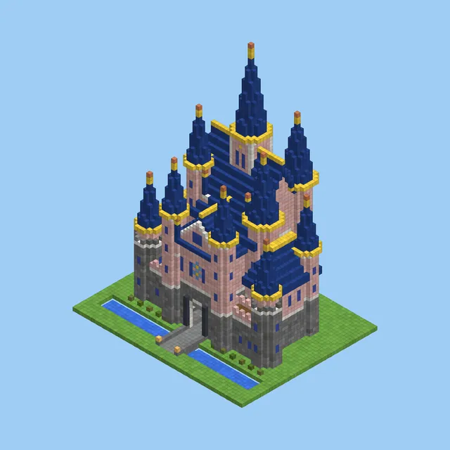 Fairytale Castle: pink walls and tall blue spires on a grass base with a moat