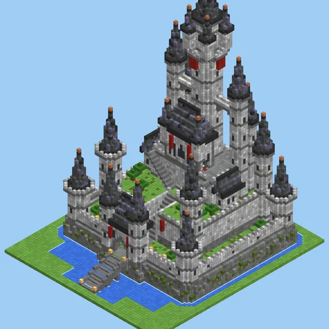 Royal Highland Castle: a grey stone castle with dark spires, on a grass base with a moat