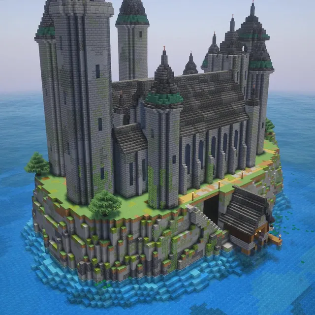 Wizard School Castle: a grey castle with many spires on a cliff island