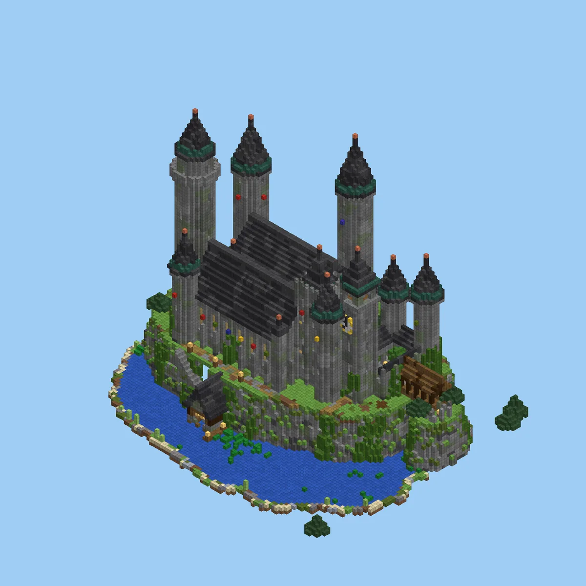 Wizard School Castle: grey stone towers with dark pointed roofs on a cliff island in a lake
