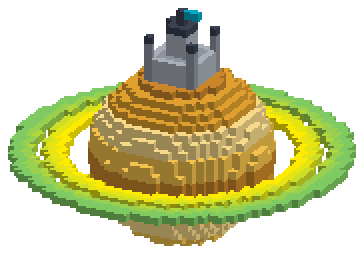 The builds planet: a ringed voxel planet with a small castle on top